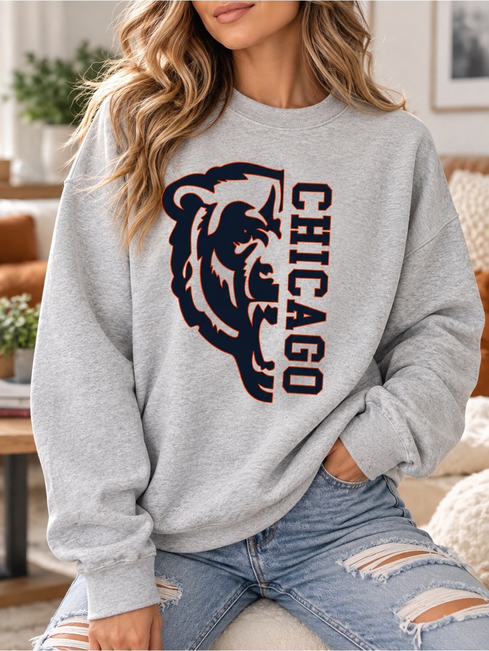 Chicago Football Sweatshirt Roaring Bear Game Day Crewneck Gildan Sport Grey